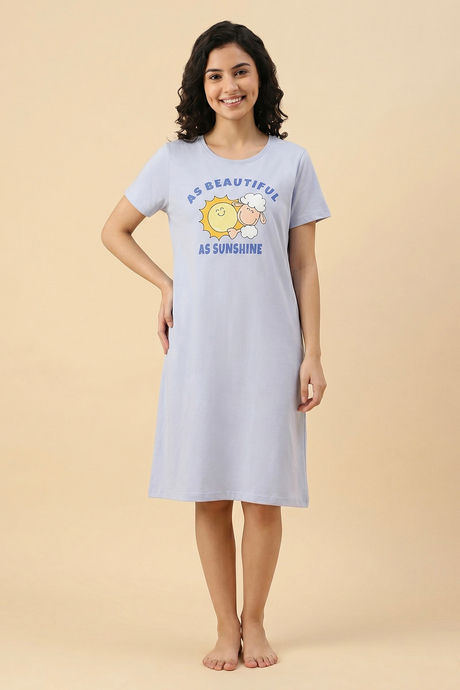 Buy Zivame Farm Lore Knit Cotton Knee Length Nightdress - Xenon Blue